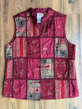 Coldwater Creek Burgundy Patchwork Embroidered Sleeveless Vest Sz M